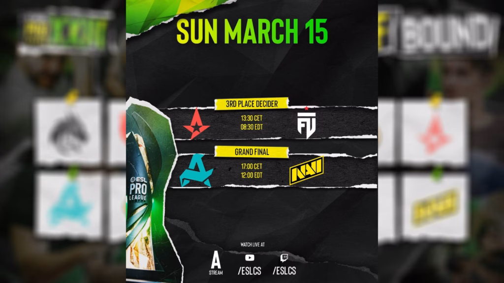 The image highlights the schedule of matches at the CS2 esports tournament ESL Pro League Season 23 playoffs: Finals on March 15, 2026.