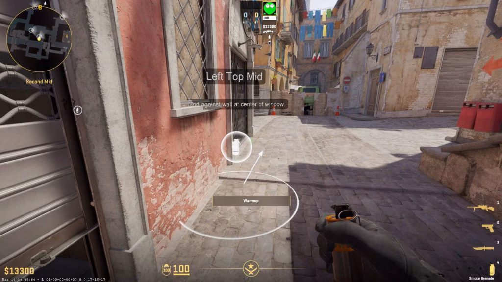 A screenshot from CS2 shows an example of the official smoke guide - where to use the utility on the map Inferno.