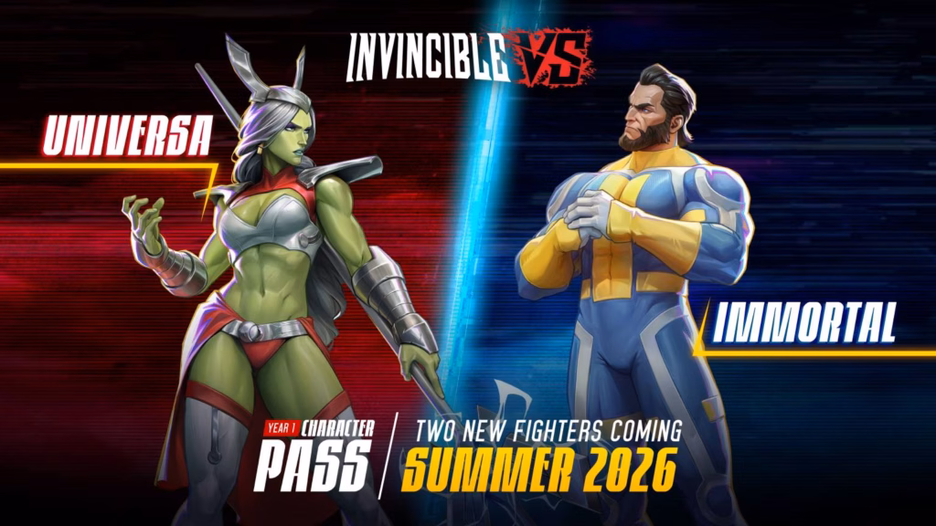 The image is the official poster for two DLC characters in the fighting game Invincible VS Universa and Immortal are part of Year 1 DLC.