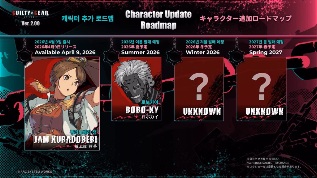 The image is the official poster for the Season 5 characters in Guilty Gear Strive: Jam Kuradoberi and Robo-Ky join the fighting game on April 9 and in Summer 2026. Two yet unknown fighters are planned for later release: Winter 2026 and Spring 2027.