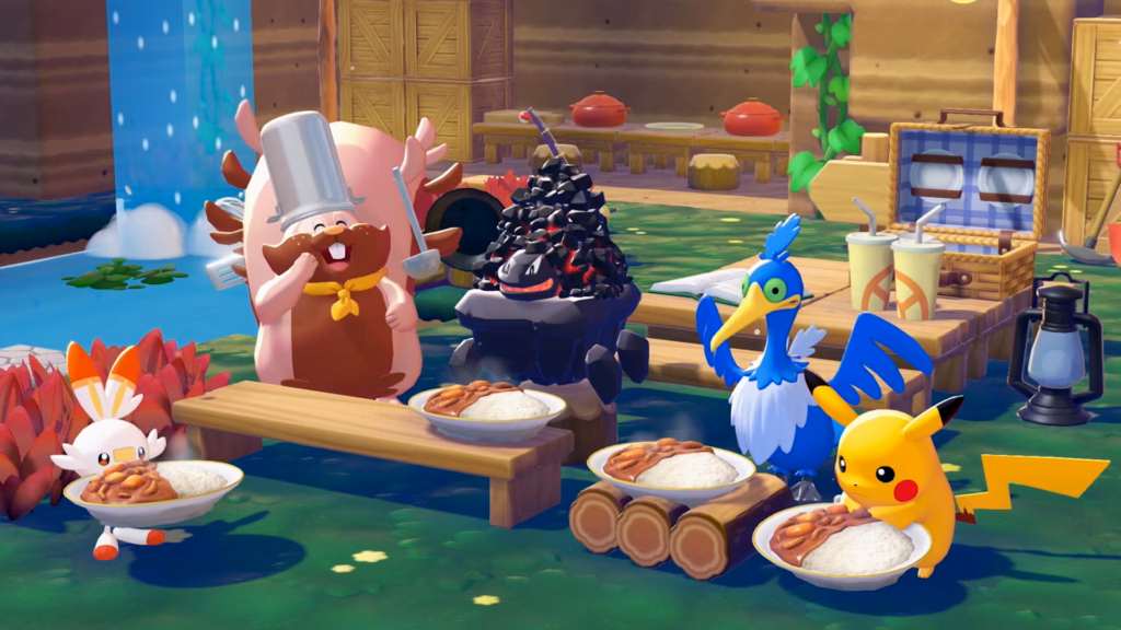 Pokémon eating spicy flavor Curry and Rice in Pokopia