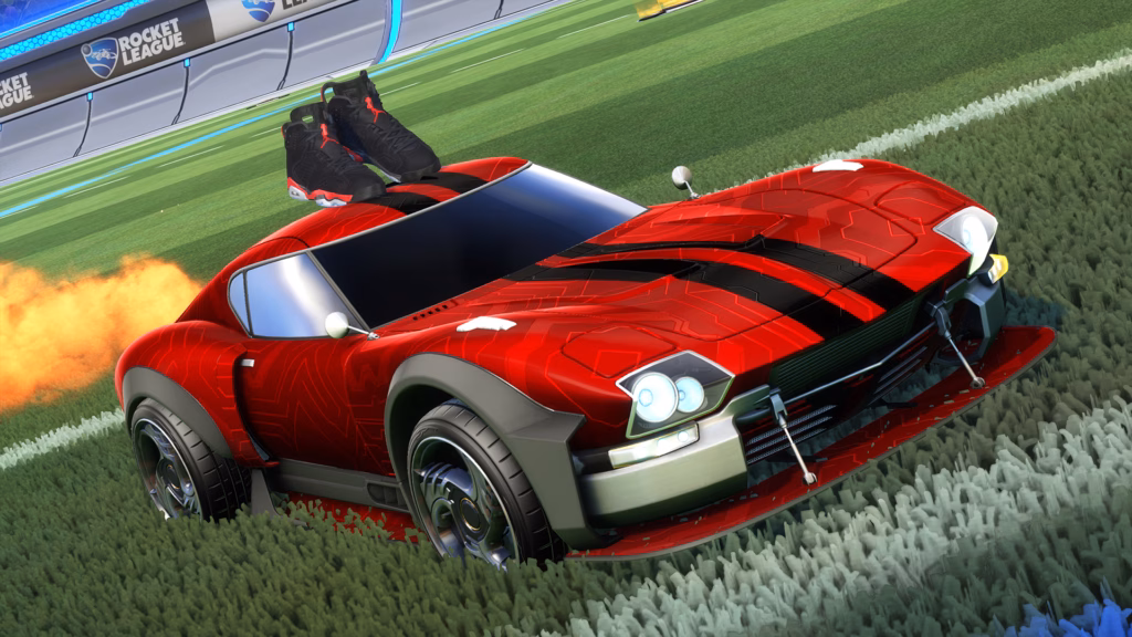 The official illustration reveals the look of a Rocket League cosmetic item: the Jordan Brand topper over a car with a custom decal.