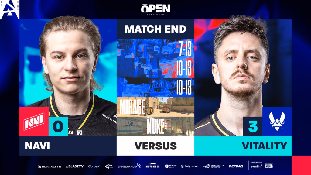 The image highlights the grand final result at the Counter-Strike 2 tournament BLAST Open Spring 2026 in Rotterdam — Team Vitality vs NAVI.