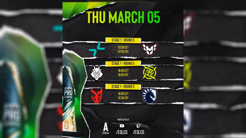 The image highlights the schedule of CS2 esports matches at the tournament ESL Pro League Season 23 — Stage 1, Day 5.