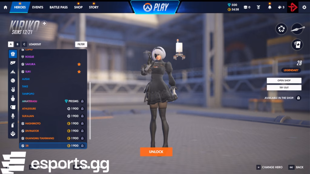Players can get the 2B Kiriko skin for 1,900 Overwatch Coins by visiting the hero gallery instead of the shop