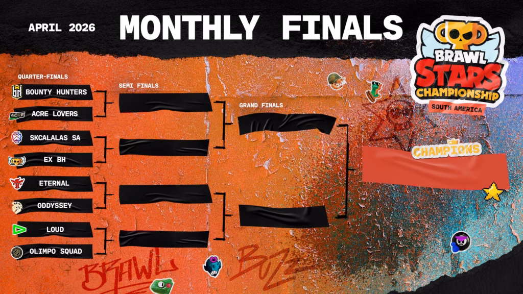 The image is the official poster for the starting competitive brackets during the Brawl Stars esports event April Finals 2026 in the region South America.