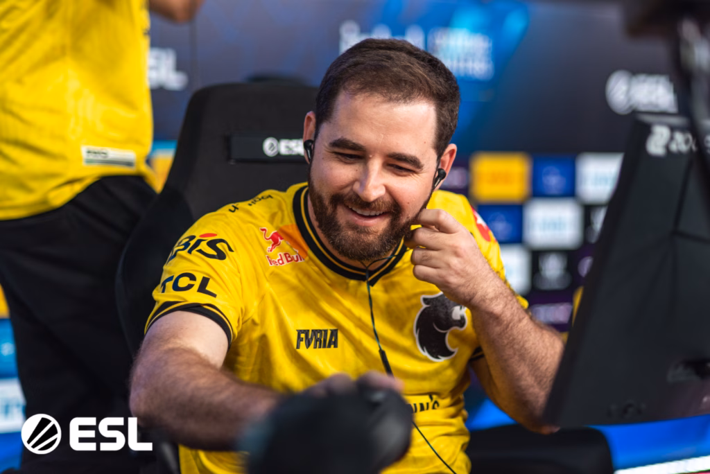 The image is a photo of the CS2 esports player Gabriel "FalleN" Toledo from the team FURIA during the group stage at the Counter-Strike 2 tournament IEM Rio 2026.