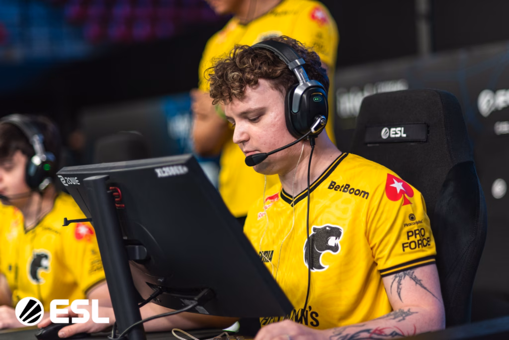 The image is a photo of the CS2 esports player Mareks "YEKINDAR" Gaļinskis from the team FURIA during the Counter-Strike 2 tournament IEM Rio 2026 - focused during a match.
