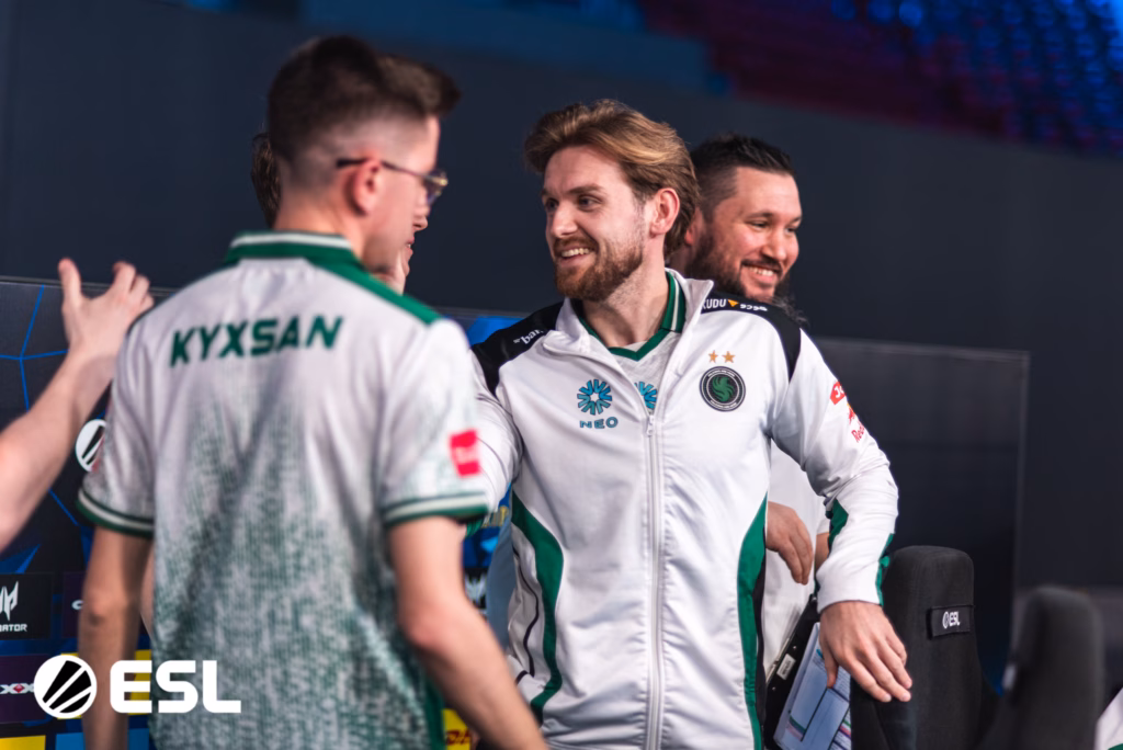 The image is a photo of the CS2 esports players from Team Falcons during the group stage at the Counter-Strike 2 tournament IEM Rio 2026.