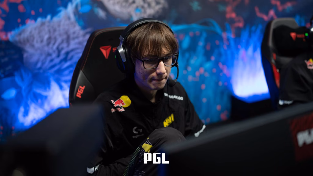 The photo features players from the Dota 2 team NAVI - focused during a swiss stage match at the esports tournament PGL Wallachia S8.