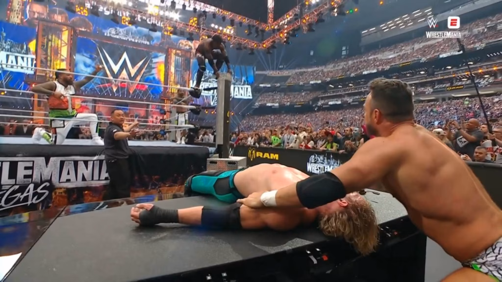 IShowSpeed in WrestleMania 42 climbing the top rope to dive splash Logan Paul